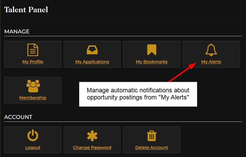 Manage automatic notifications about opportunity postings from "My Alerts"
