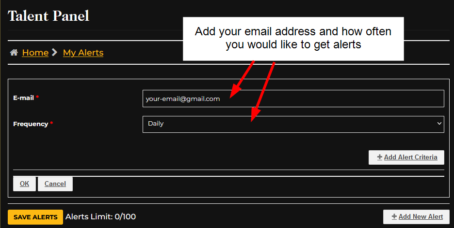 Add your email address and how often you would like to get alerts