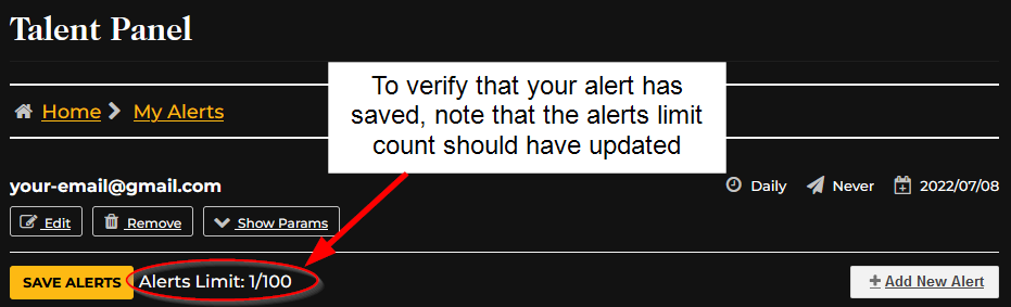 To verify that your alert has saved, note that the alerts limit count should have updated